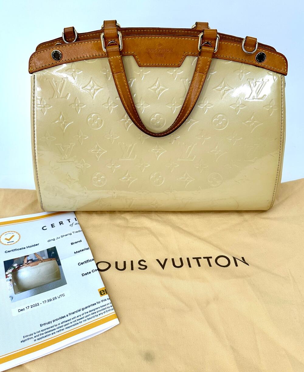 Louis Vuitton Brea MM Monogram Vernis Cream Patent Leather Bag + Entrupy Cert